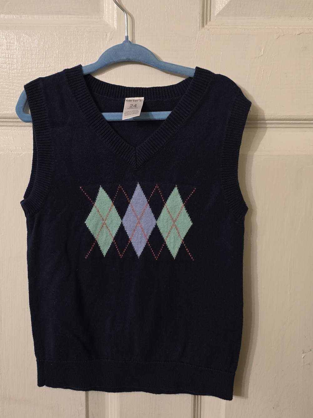 Carter's Navy Argyle Sweater Vest with Mint & Light Blue Diamonds